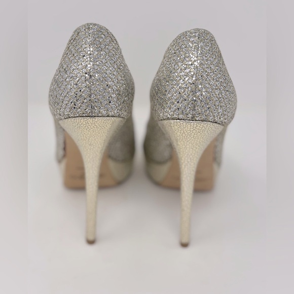 Jimmy Choo Crown Glitter Fabric Champagne Peep Toe Pumps Heels Size 38 - Picture 5 of 12